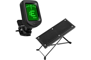 GRIXZ Guitar Tuner Clip On & Guitar Footstool Height Adjustable Folding Footrest for Acoustic Guitar, Electronic Guitar, Bass, Violin, Ukulele and Other Stringed Instruments