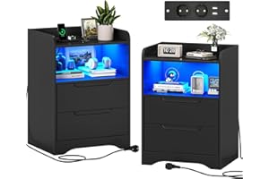 ‎BRINLAWB Brinlawb Nachttisch 2er Set Nachttische mit Ladefunktion und LED-Licht Nachtschrank 2er Set mit 2 Schubladen Nachttisch Schwarz Beistelltisch Schwarz Couchtisch Sofatisch für Schlafzimmer, Wohnzimmer