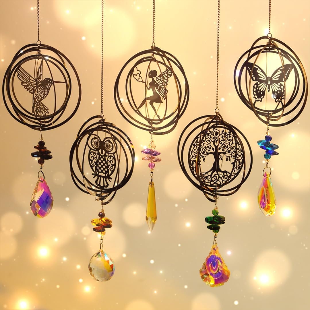 Atrapasoles Cristal, Colgante Cristal Pack de 5 árbol búho colibrí Mariposa Hada, Sun Catcher para Ventanas Jardines, Campanas Viento