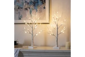 Set of 2-Vanthylit White Christmas Tree with Lights 2FT Tabletop Birch Tree with 24 Warm White LEDs Battery Operated Light up Twig Tree for Home Party Wedding Easter Christmas Decoration