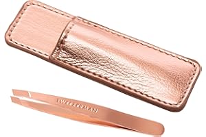 TWEEZERMAN Mini pinzetta con fodero in pelle, punta angolata per pinzettare le sopracciglia, formato da viaggio, oro rosa