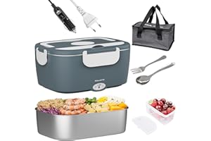 Nulmvic Scaldavivande Elettrico Portatile 75W per Auto Camion e Ufficio 12V/24V/220V - 1,5L Lunch Box Elettrico Contenitore in Acciaio Inossidabile 304 con Borsa Termica (Blu)