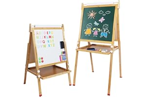 Dripex Chevalet Enfant Double Face en Bambou, Tableau Enfant Réglable en Hauteur avec Rouleau de Papier Craie Aimant, Cadeau de Jouet Educatif Créatif pour Garçon Fille, Cannelle