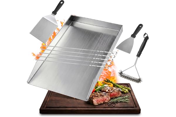 SMOOL Plancha Grillplatta 42 x 33,5 cm, 4 mm rostfritt stål, för gasgrill | Kolgrill och elektrisk grill – grillplatt-set med grillspatel, grillspett och rengöringsborste, med läckagesäkra hörn