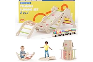 COSYLAND Indoor Climbing Frame for Toddlers – Wooden Triangle Toys with Ladder, Climbing Arch, Balance Board Climbing Toys for Kids Ages 1 - 3 (Warm Shades,M)
