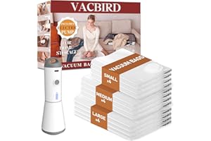 Vacbird Bolsas de Vacío Ropa con Bomba de Vacío Eléctrica Inalámbrica, 12 Bolsas al Vacío para Ropa (4 pequeñas, 4 medianas, 4 grandes), Almohadas, Edredones, Mantas