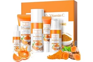 WEIXINBUY Ensemble de Soins de la Peau au Curcuma et à la Vitamine C, Set de Soin du Visage 5 en 1 pour Femmes avec Nettoyant au Curcuma, Eau Micellaire, Sérum, Crème pour les Yeux et Crème de Jour, Teinture