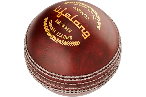 Lifelong Cricket Leather Ball 4-Piece Hand-Stitched Genuine Leather Premium Lacquer Finish High Abrasion Resistance ICC Standard Weight 156g Ideal for 20 Over Match & Training Red