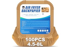 HUDDU 100 Pezzi 20cm Fogli di Carta Forno per Friggitrice ad Aria XXL 5-7,5 L, Antiaderente Usa e Getta Pergamena Liner Accessori per Air Fryer - Quadrato