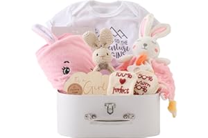 Promise Babe Baby Gift Set Coffrets cadeau bébé,cadeau naissance nouveau-né fête bébé serviette bain jalon couverture bébé barboteuse chaussettes bois crochetée hochet jouet photo requisten (For Girl)