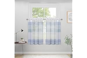 HAUSPROFI Zazdrostki, nowoczesne, bistro, półprzezroczyste, w paski, krótkie, kuchenne, woal, zestaw 2 sztuk, 69 x 91 cm, zielone