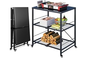 YODOLLA Foldable Stainless Pizza Oven Table,3-Tier Outdoor Grill Cart Trolley on Wheels, Garden Dining Cart Movable BBQ Stand Black