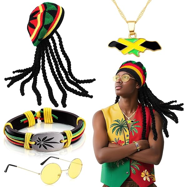 AYNKH Set Costume Reggae 5 Pièces – Perruque Tressée, Chapeau, Lunettes, Bracelets, Collier – Homme/Femme