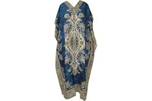 Royal Kurta RiSi Women's Floral Print Pretty Kaftan, V-Neck Kimono Long Caftan Dress, One Size/Free Size Teal Blue