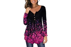 CHICZONE Womens Tunic Tops Plain Pleated V Neck Buttons Up Blouse Floral Printed Ladies Henley T-Shirt