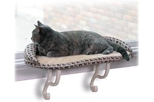 K&H PET PRODUCTS Deluxe Kitty Sill w/Bolster Cat Window Bed, Cat Window Perch for Large Cats, Cat Window Hammock, Cat Window Seat, Window Cat Bed, Cat Perch Cat Hammock –Tan Kitty Print