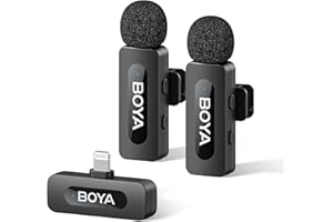 Boya BY-V2 Microphone Wireless for iPhone, Mini Microphone with Lightning Plug, 48KHz/16Bit, TX 9h, Noise Cancelling, USB-C Lavalier Wireless Mic, Mute Mode, 360° Clip on Lapel Mic for Video Recroding