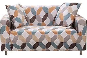 HEYOMART Sofa Cover High Stretch Elastic Fabric 1 2 3 Seater Sofa Slipcover Chair Loveseat Couch Cover Polyester Spandex Furniture Protector Cover with 1 Pillowcase (2 Seater, Geometry)