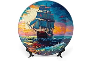 Gokays Decorative Plates for Wall Hanging, Sailing Ship Blue Sea at Night Painting Ceramic Plate, Wobble-Plate with Display Stand, Home Decor for Kitchen Cabinets, Farmhouse Round Tray 18 CM