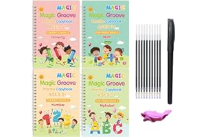 Wumuzai Confezione da 4 libri di scrittura a mano scanalati, calligrafia scanalata, quaderno magico riutilizzabile, libro di scrittura scanalato che scompare, copia magica p, cartella di lavoro per