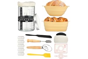 LROCOTANC Kit Boulangerie avec Paniers à Levain Silicone Rond & Ovale, Bocal en Verre Gradué, Coupe-Pâte, Spatule, Accessoires de Pâtisserie pour Pain et Fermentation
