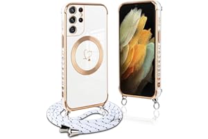 Pnakqil Funda Magnética para Samsung Galaxy S21 Ultra 5G con Cuerda, Compatible con MagSafe, TPU Suave Silicona Love-Heart Patrón Carcasa con Collar Correa para Samsung S21 Ultra 5G, Blanco