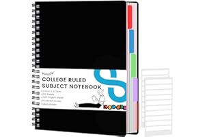 Koogel Hardcover Spiral Notebook with Tabs, A4 Journals with Deviders 5 Subject Project Spiral Notebook Perforated Edges for School Office, Black