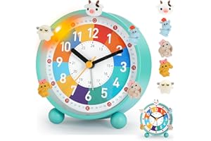 PIXESTT Reveil Enfant, Reveil Enfant Educatif Jour/Nuit IdéAl pour êTre à L’Heure à L'ÉCole, sans Bruit De Tic-Tac avec Fonction Snooze Et Veilleuse, Livré avec 5 Adorables DéCorations De RéVeil