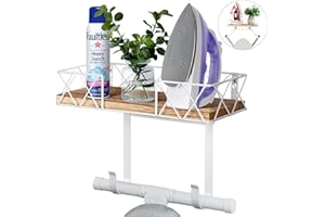 ALYOEN Accroche Table a Repasser,Support pour Planche à Repasser - avec Panier de Rangement en Bois et Crochets réglables - Montage Mural - Idéal pour Les buanderies, Les Chambres à Coucher - Blanc