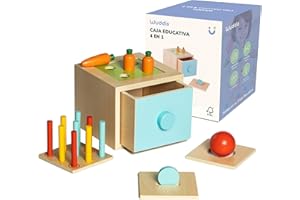 Wuddis Cubo Actividades Bebe 4 en 1 Desde 1 año - Juguetes Montessori de Madera - Caja Permanencia Montessori - Juguete Educativo Seguro con Pintura Ecológica y Certificación FSC