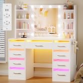 YUNSCEND Makeup Vanity with Mirror and RGB Lights and Glass Cover | Makeup Table with 9 RGB Drawers and 6 Shelves, Lighting 3