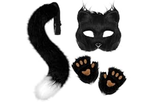 XEPST Animale Fox Costume Set con Therian Mask and Tail, Maschera e Coda da Volpe Therian Set di Accessori per Halloween Cosplay Costume Fancy Dress Carnevale, Nero