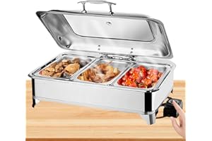 BOVDC Chafing Dish Elektrisch 9L, Edelstahl Elektrische Warmhaltebehälter Einstellbare Temperatur, Rechteckiger Chafing Dish Set Speisenwärmer mit Sichtbarem Glasdeckel (A, 1/3 Pan)