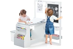 DREAMADE 3 in 1 Kindersitzgruppe, Höhenverstellbares Tisch Stuhl Set Mit Strauraum, Papierrolle, Ablagefächer & Bücherregal, Staffelei Maltisch Set Für Kinder Ab 3 Jahren (Grau+Weiß)