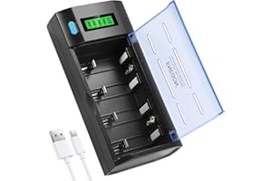 ENEGON Cargador de Pilas Universal con Pantalla LCD – Cargador de Pilas Recargables AA AAA C D 9V NiMH/NiCD Cargador Pilas – Carga Rápida, Función de Descarga y 4 Ranuras Independientes，