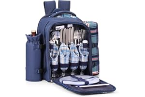 Flexzion Travel Picnic Backpack For 4 With Blanket (Blue) Wine Picnic Basket Bag 4 Person Plates, Flatware Cutlery, Glass Set, Insulated Compartment, Detachable Bottle Wine Holder