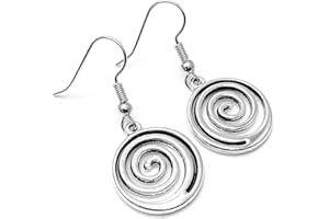 VILDA JEWELLERY Spiral Swirl Earrings, Round Tibetan Silver Patterned Charm Beads on Nickel Free Silver Tone Hooks : 37mm long, Everyday Drop Earrings, Cute Jewellery Gift for Women