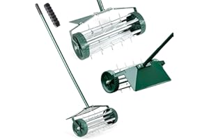 RELAX4LIFE Scarificateur Gazon Manuel avec Garde-Boue&Poignée&Rouleau à Pointes Rotatives, Rouleau Aérateur Gazon de Pelouse en Métal pour Jardin Cour Patio, Vert (avec Garde-Boue)
