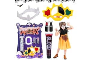 TAUFE Maquillaje Halloween Kit Niños,dientes vampiro niño,maquillaje halloween niños,Sangre Falsa,Dientes de Vampiro,Maquillaje para Halloween,Pinturas Cara para Niños,para Halloween Carnaval(B)