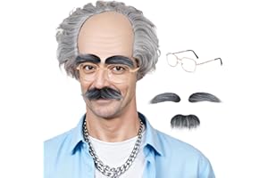 FOUNSHO Perruque Vieux Homme Deguisement Adultes Gris Bouclé Perruque Chauve Vieux Lunettes Fausse Barbe Sourcils, Bonnet Chauve en Latex Grand père Accessoire Halloween Fêtes Costume (Gris)