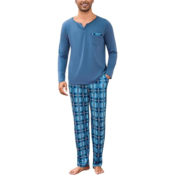 Pyjama Homme Long En Coton JAHTUUL - Haut Col Rond Uni, Pantalon Carreaux, Poches, Pour Hiver Et Nuit Confortable