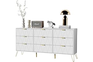 UEV Cassettiera Bianca 9 Cassetti, 150 x 34 x 74 cm, Como Camera da Letto in Legno, Mobile con Cassetti, Credenza Moderna per TV, Soggiorno, Corridoio, Cucina, Bianco