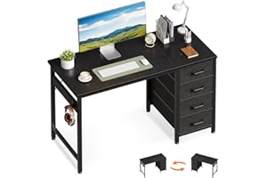 ODK Scrivania con 4 Cassetti in Tessuto, 100x48cm Tavolo per Computer con Gancio per Cuffie, Scrivania Ufficio Reversibile per Uffici e Postazioni di Lavoro, Nero