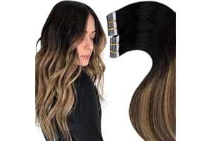 ‎LAAVOO LaaVoo Tape in Echthaar Extension Schwarz Ombre Braun Tape in Extensions Echthaar Balayage Karamellblond Haarverlängerung Echthaar Tape Remy #1b/4/27 50g 20pcs 45cm