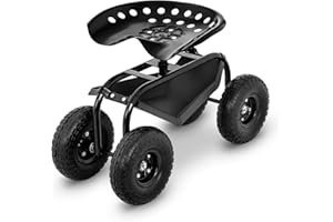 Hillvert Siège De Jardinage Tabouret De Jardin À roulettes Siège sur Roues Banc Chariot HT-RUNDLE-4 (Capacité 150 kg, 4 Grandes Roues, Hauteur Réglable, Tablette pour Outils, Cadre en Acier)