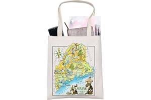 LEVLO Fun State Map Of Maine Tote Bag Maine Travel Souvenir Gift 1940’s Maine Cartoon Illustration Shoulder Bag