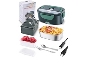 Andmenow 80W Scaldavivande Elettrico, Scaldavivande Portatile per Auto e Casa, Contenitore Rimovibile in Acciaio Inossidabile 304, Forchetta e Cucchiaio SS e Borsa Per il Trasporto (Grigio+Verde)