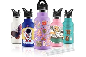 KollyKolla Botella Termica Niños 350ml, Botella Agua con Pajita, Impresión 3D Termo, Botella Acero Inoxidable Sin BPA, Pequeña Botella Térmica, Botella de Agua para Viaje, Escuela, Deportiva