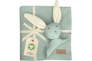 DIKOS Oryginalny kocyk dziecięcy 2 w 1 i przytulanka SCHMUZE-zając (miętowy) – piękny prezent z okazji narodzin dla noworodków dziewczynki / chłopca – z miękkiej bawełny organicznej (GOTS) – idealny