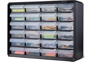 Amazon Basics Cassettiera Portaminuteria, Organizzatore in Plastica 24 Cassetti con Divisori per Ufficio/Attrezzi/Minuteria, Montabile a Parete, 16 x 54,1 x 40,1 cm, Nero